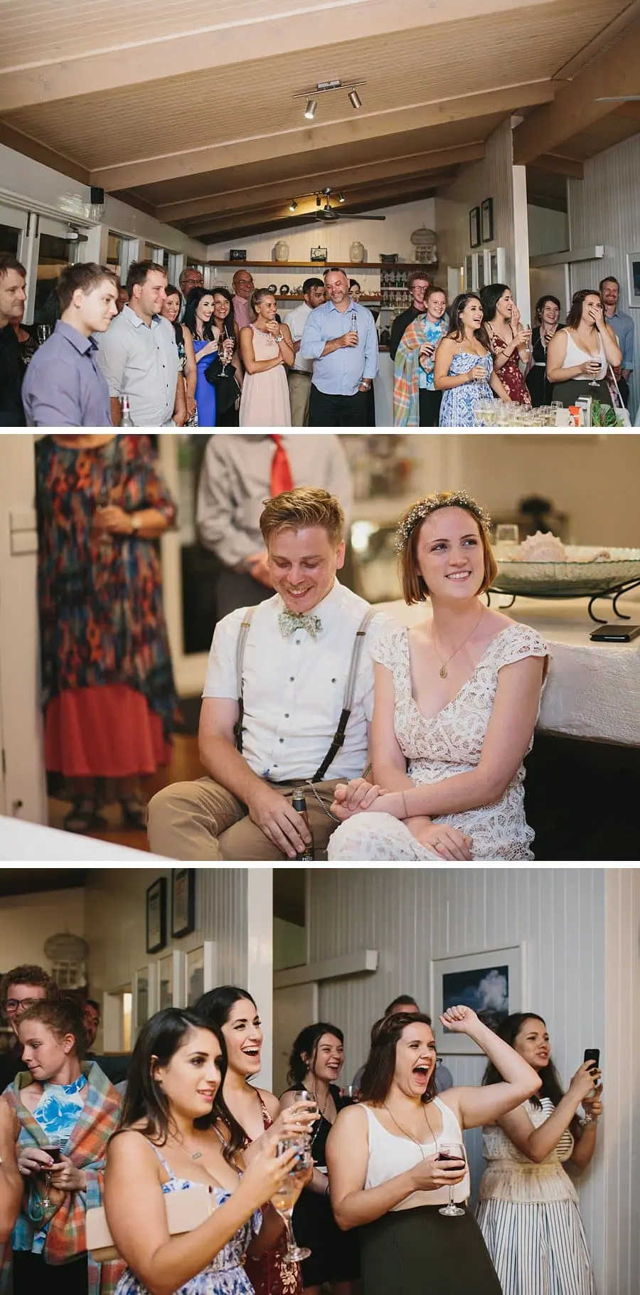 Three-photo collage of guests standing together and the seated bride and groom.