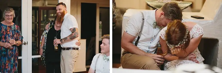 Two photographs of a guest speaking and the couple leaning their heads together.