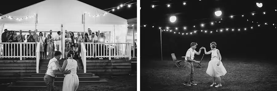 Two black-and-white photographs of the couple dancing beneath strings of lights.