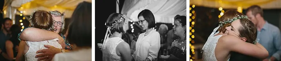 Three-photo collage of the bride embracing guests at the reception.