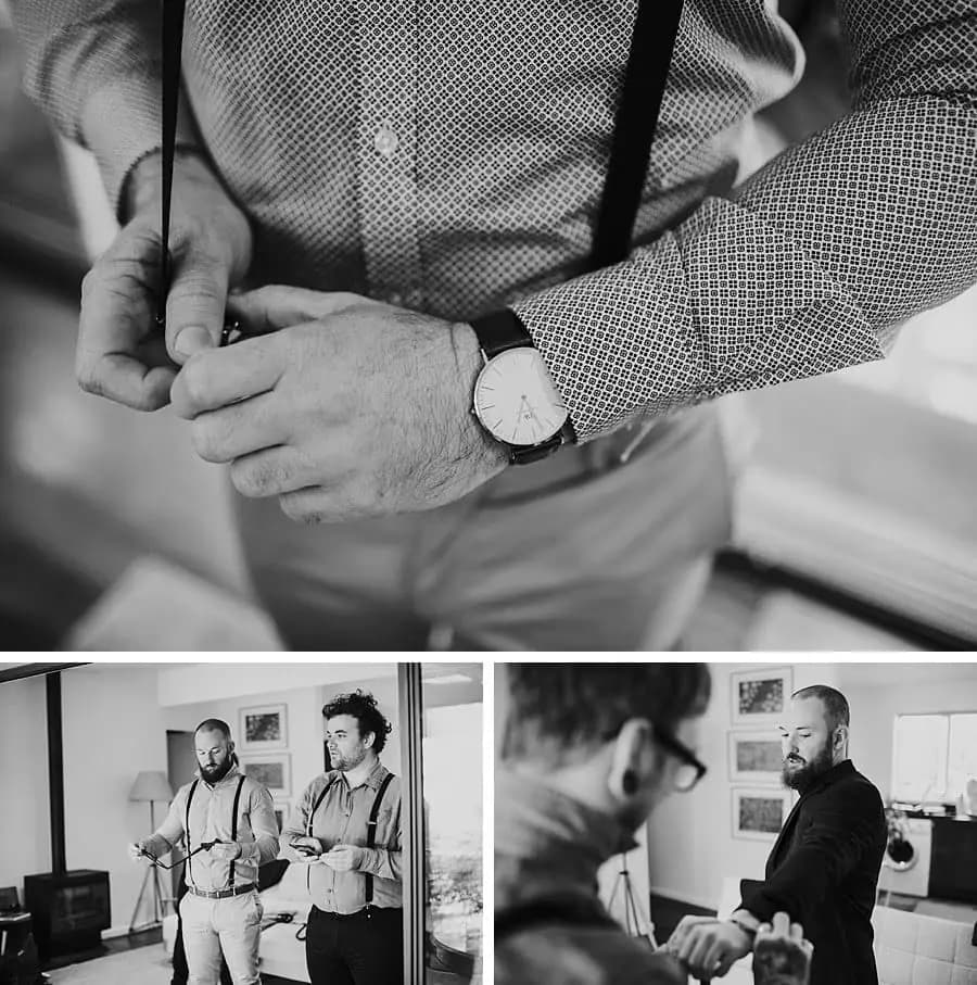 Three black and white photographs of cuff adjustments and men getting ready.