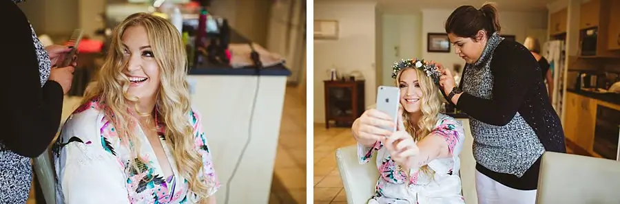 Two photographs of bridal hair preparations and a woman taking a phone photograph.