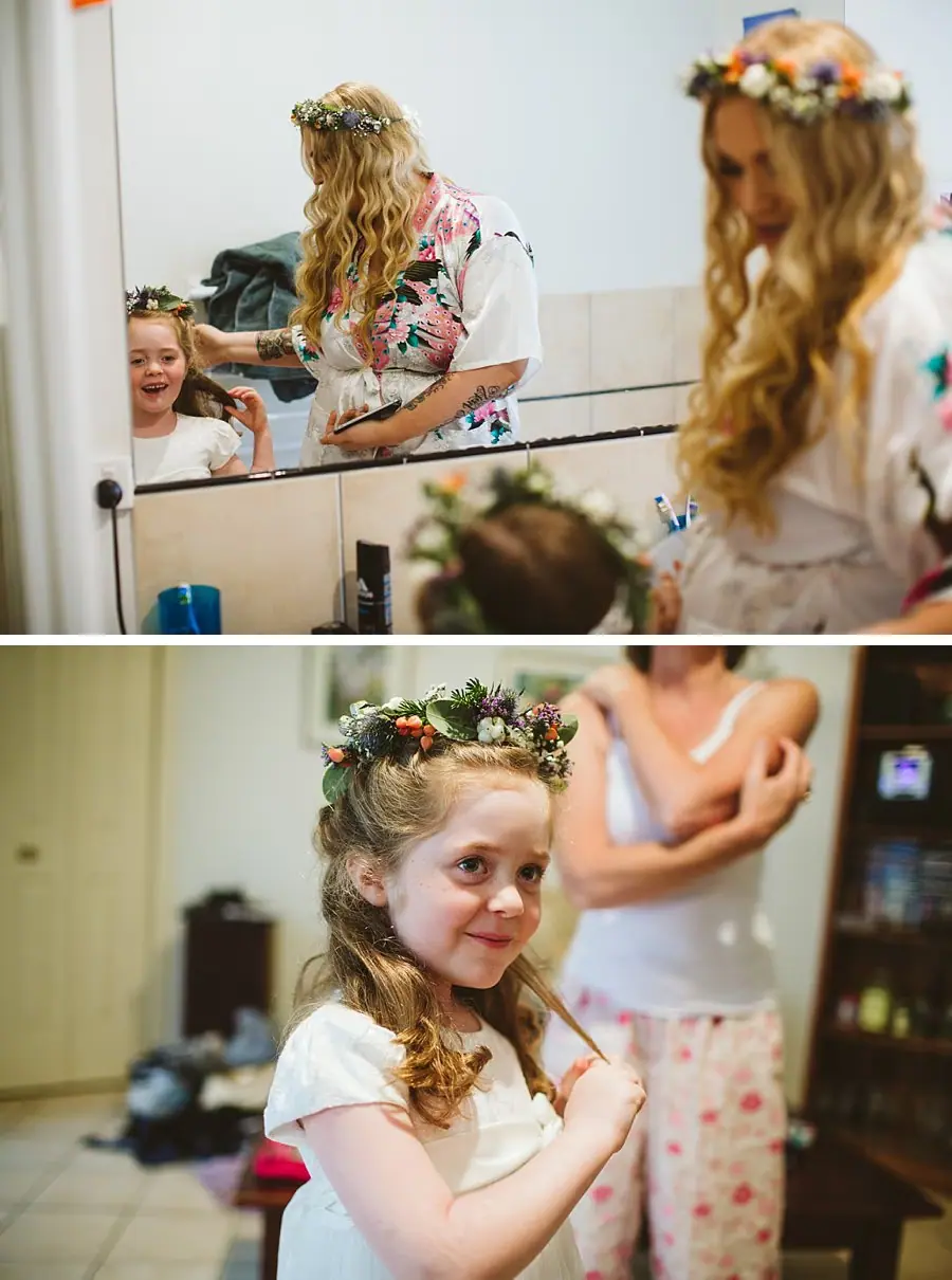 Two photographs of a flower girl during preparations indoors.