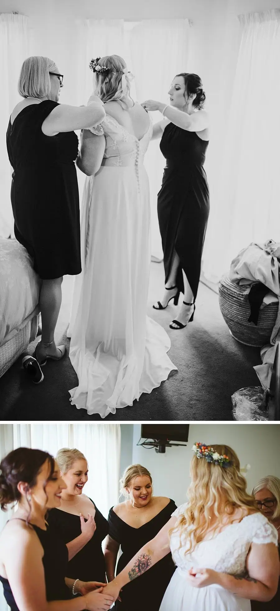 Two photographs of friends helping the bride with her dress.