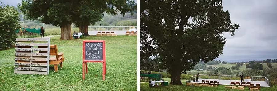 Two photographs of the ceremony garden, including benches and a welcome sign.
