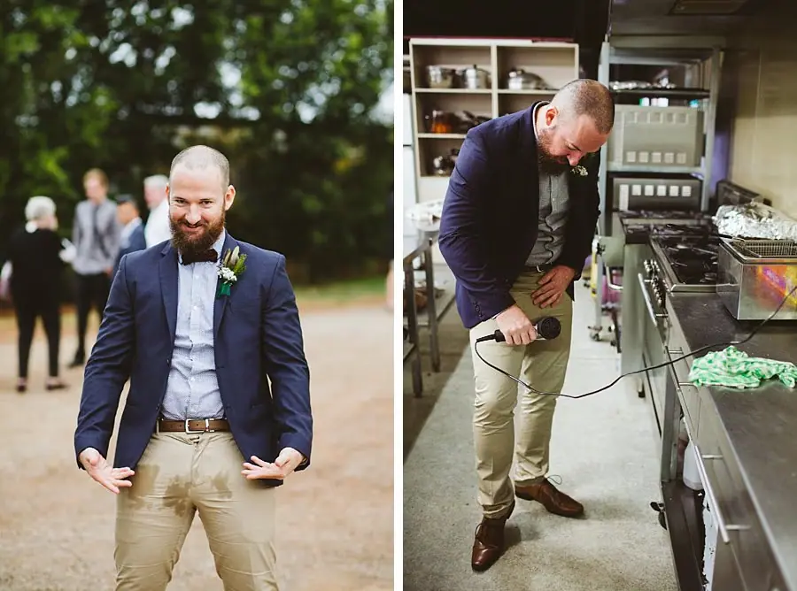 Two photographs of the groom outdoors and adjusting clothing in the kitchen.