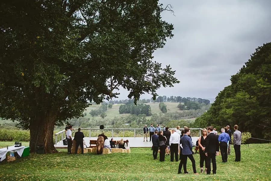 Wedding guests gather on a lawn beneath a large tree overlooking hills.