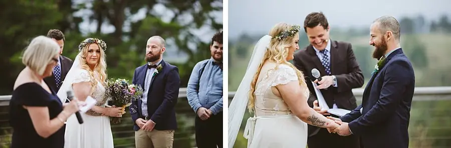 Two photographs of the couple listening and holding hands during the ceremony.