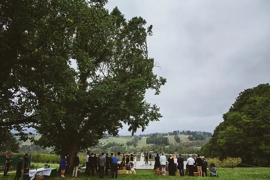 Wide view of the ceremony beneath a large tree and cloudy sky.