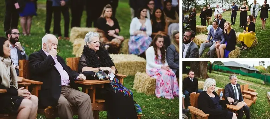Three photographs of seated guests watching the ceremony.