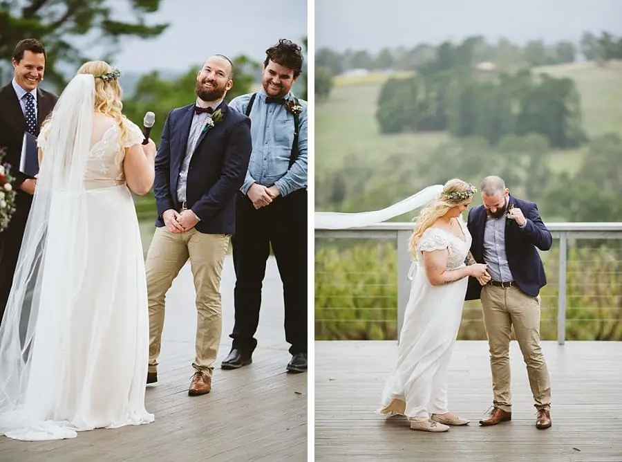 Two photographs of the groom laughing and the couple embracing during the ceremony.