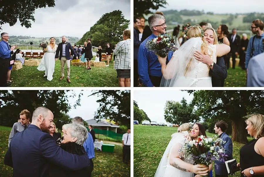Four photographs of the couple greeting guests with embraces after the ceremony.
