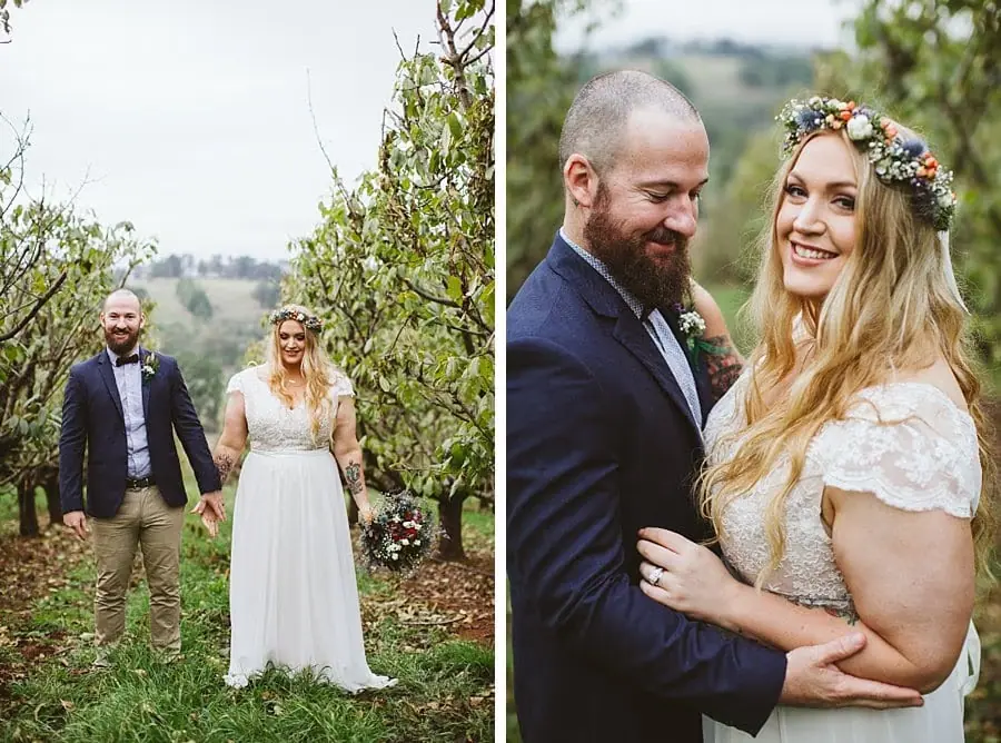 Two photographs of the couple holding hands among trees and smiling together.