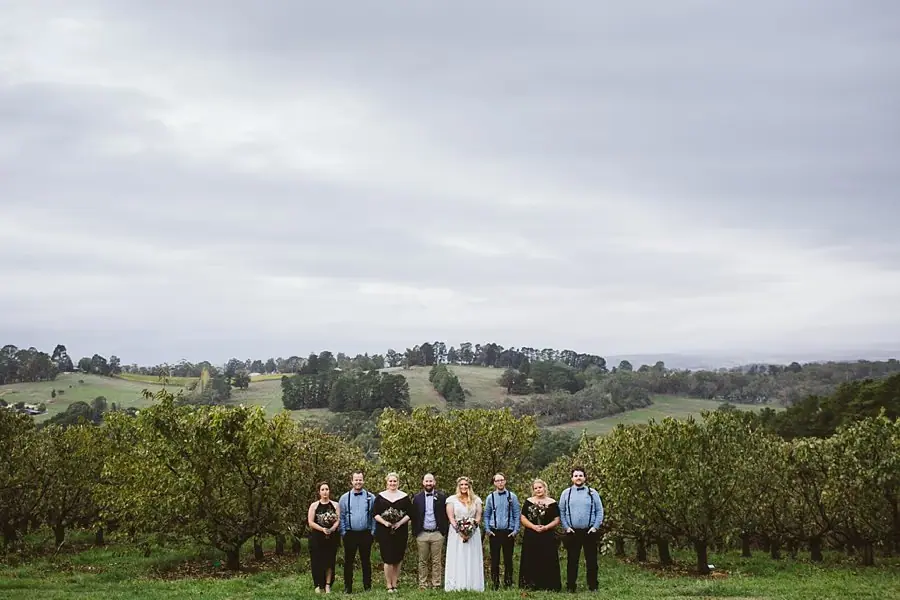 Wedding party standing together beneath a cloudy sky with rolling hills behind them.