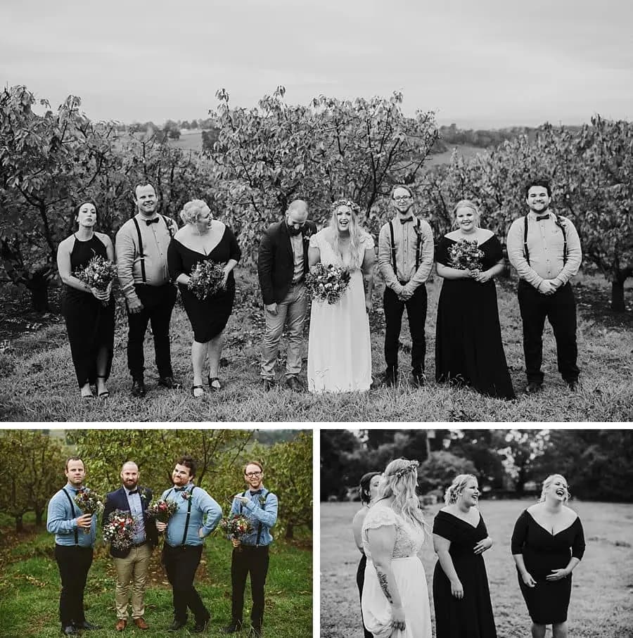 Three photographs of the wedding party posing and chatting among trees.