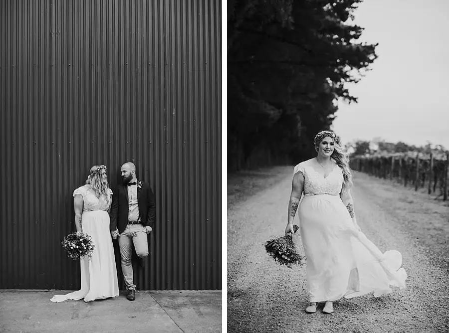 Two black-and-white photographs of the couple beside a shed and the bride walking along a gravel road.