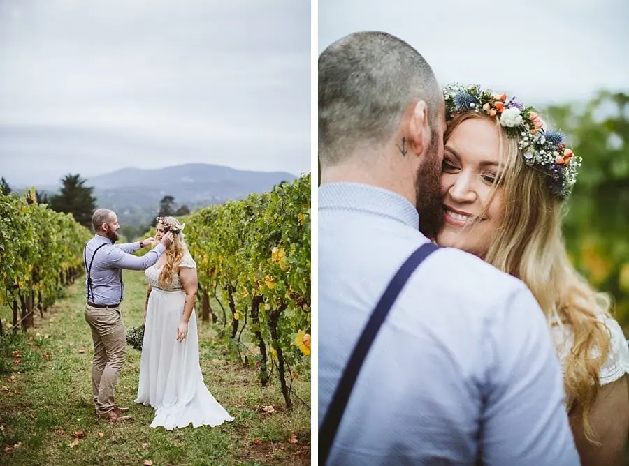 Two photographs of the groom touching the bride's floral crown and embracing her in the vineyard.