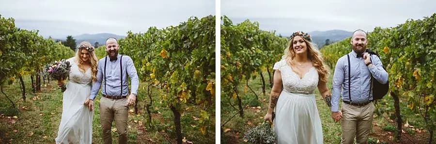 Two photographs of the bride and groom smiling as they walk between vineyard rows.