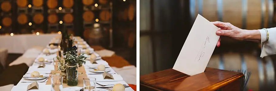 Two photographs of a decorated reception table and a hand placing a card into a wooden box.