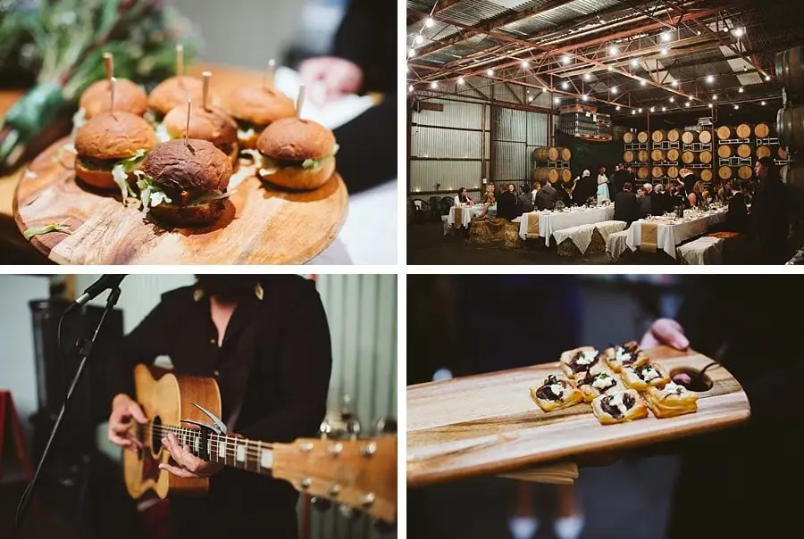 Four photographs of sliders, the barrel-lined reception room, a guitarist and a tray of desserts.