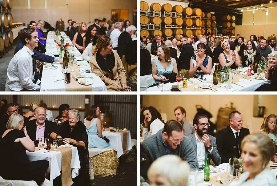 Four photographs of guests smiling and laughing at reception tables.