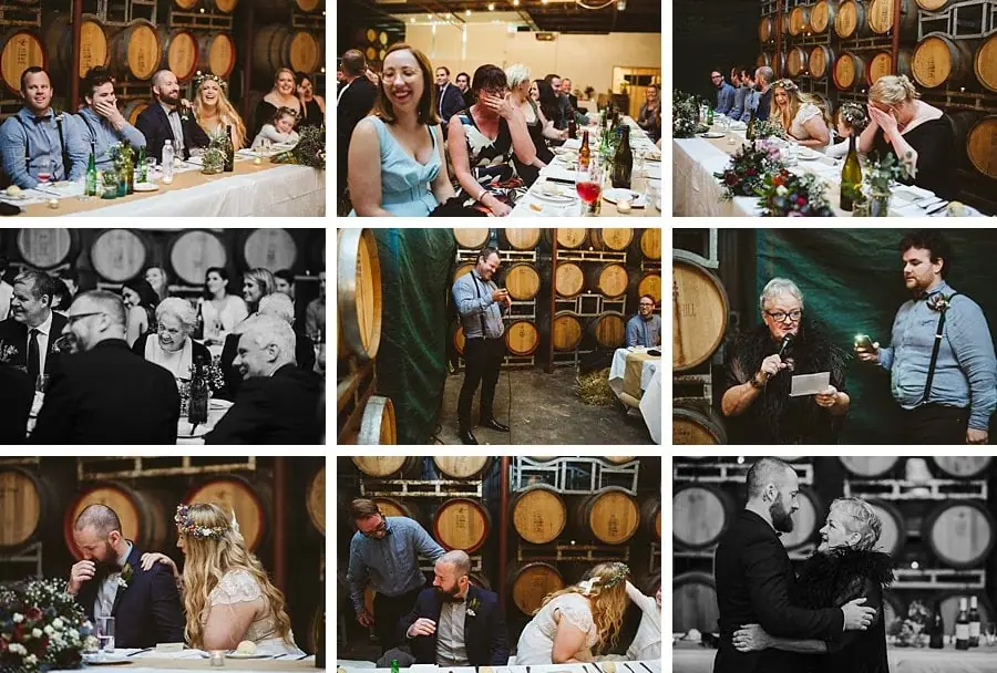Nine photographs of reception speeches and guests reacting around the tables.