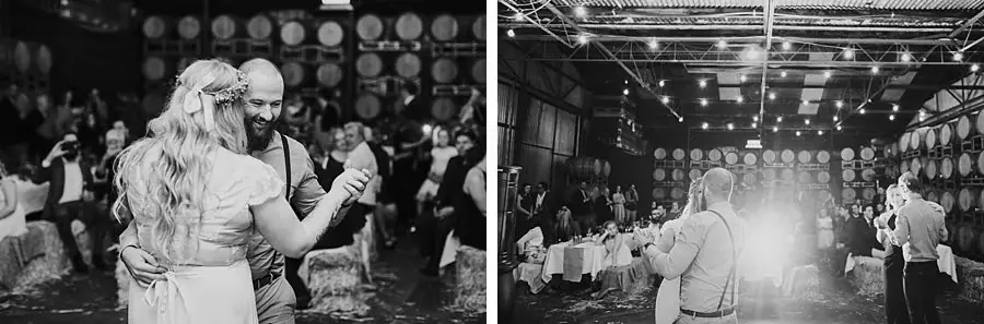 Two black-and-white photographs of the couple dancing in the reception room.