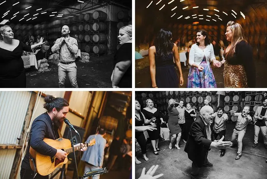 Four photographs of dancing guests and a guitarist performing at the reception.