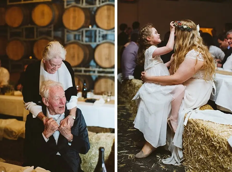 Two photographs of guests embracing at the reception and a child sitting with the bride.