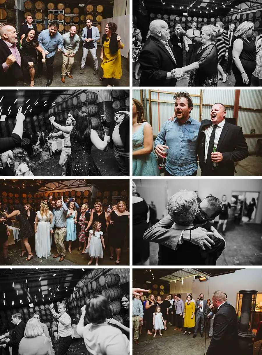Eight photographs of wedding guests dancing together in the reception room.