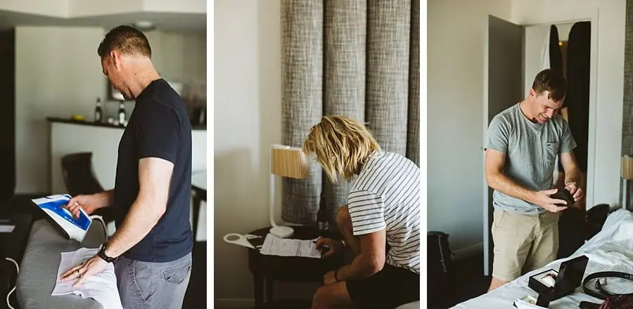 Three-photo collage of people ironing and preparing clothing indoors.