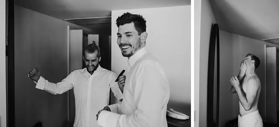 Two black-and-white photographs of men getting dressed in a room.