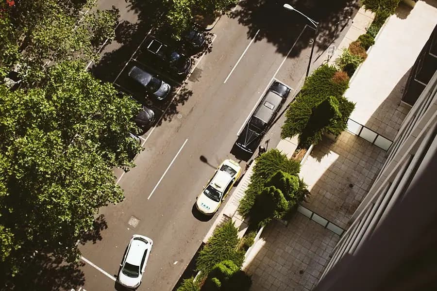 View down onto a tree-lined street with several parked cars.
