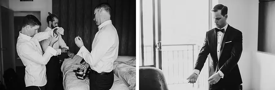 Two black-and-white photographs of men adjusting formal clothing.