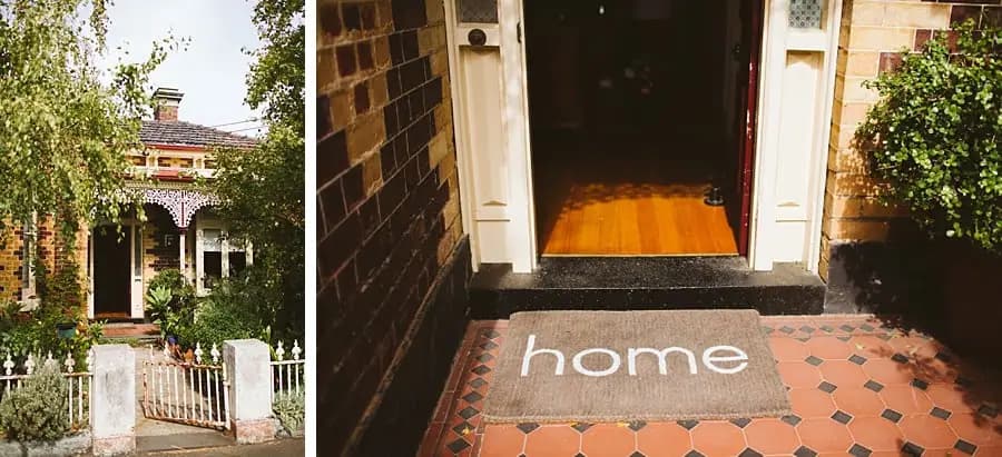 Two photographs of a brick house entrance and a doormat reading home.