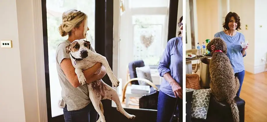 Two photographs of women holding a small dog and a larger curly-haired dog.