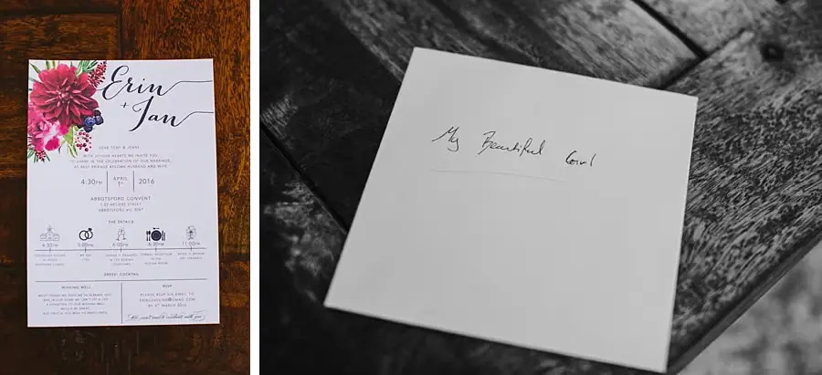Two photographs of a floral wedding invitation and a handwritten envelope.