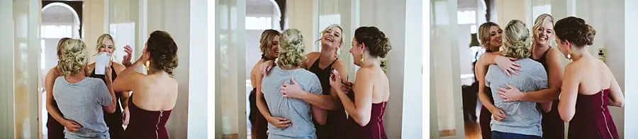 Three-photo collage of women laughing and embracing indoors.