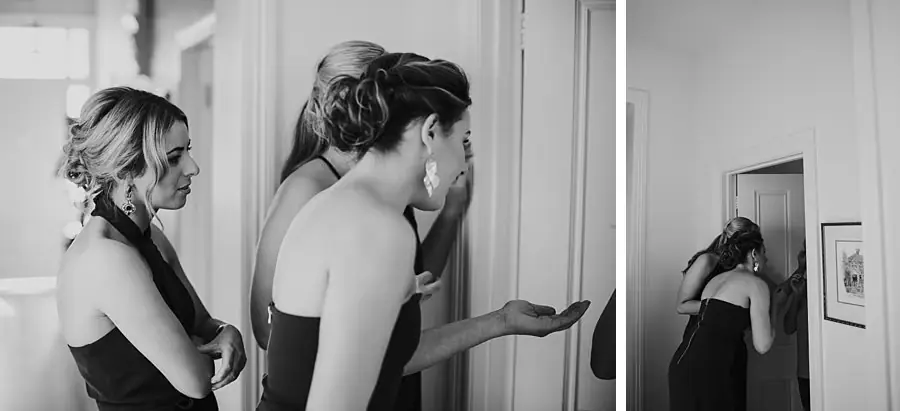 Two black-and-white photographs of women reacting and embracing in a hallway.