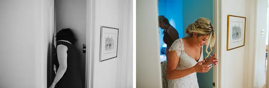 Two photographs of a woman standing in a doorway and another looking down at her hands.
