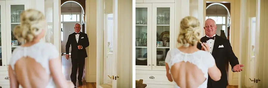 Two photographs of a suited man approaching the bride in a hallway.