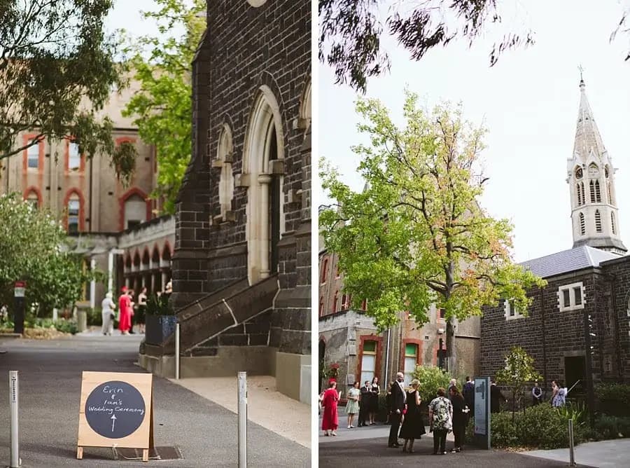 Two photographs of a brick church exterior and a tall pale church spire.