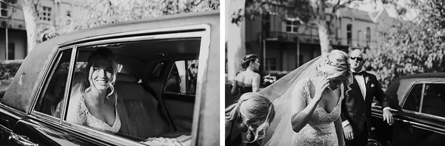 Two black-and-white photographs of the bride inside a car and stepping outside.