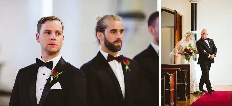 Two photographs of the groom waiting and the bride entering a church.