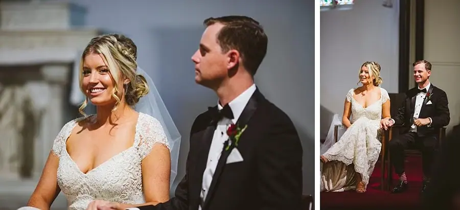 Two photographs of the bride and groom during their church ceremony.