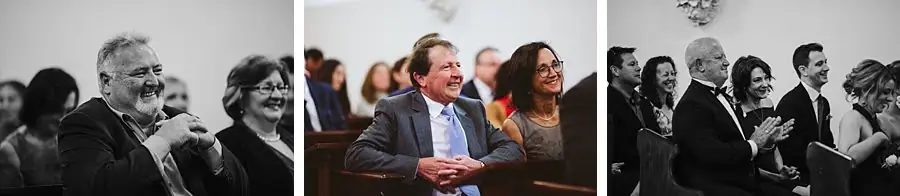 Three-photo collage of guests smiling in church pews.