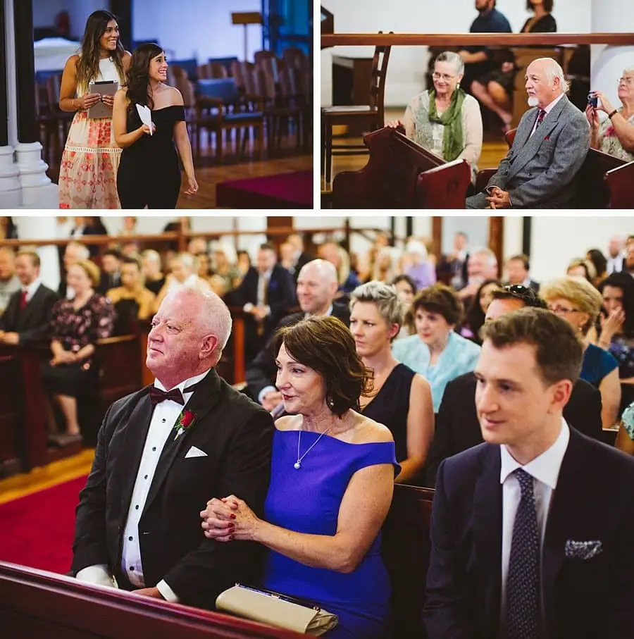 Three-photo collage of guests seated in church pews.