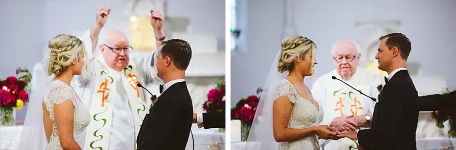 Two photographs of the bride and groom beside the officiant during the ceremony.