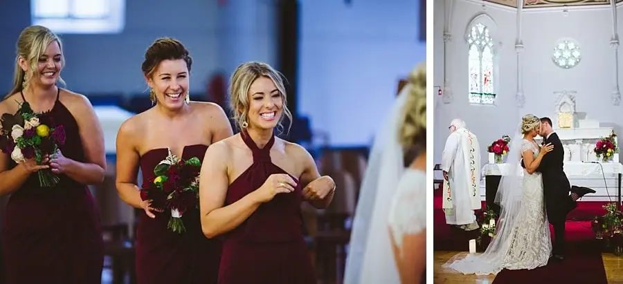 Two photographs of women with bouquets and the bride and groom kissing in church.