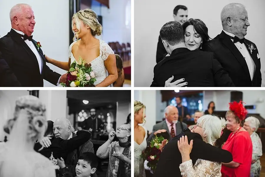 Four-photo collage of wedding guests embracing the bride and groom indoors.